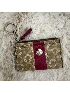 COACH Signature Pink/Khaki Monogram Key Chain Small Coin Purse Wallet